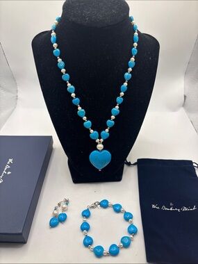 Danbury Mint set heart-shaped turquoise pendant bracelet earrings beaded pearl